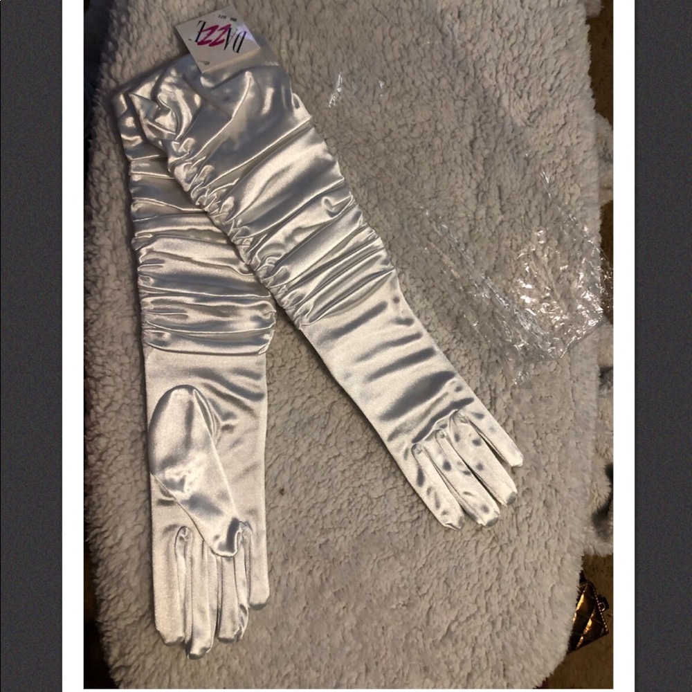 New white satin scrunched full length gloves